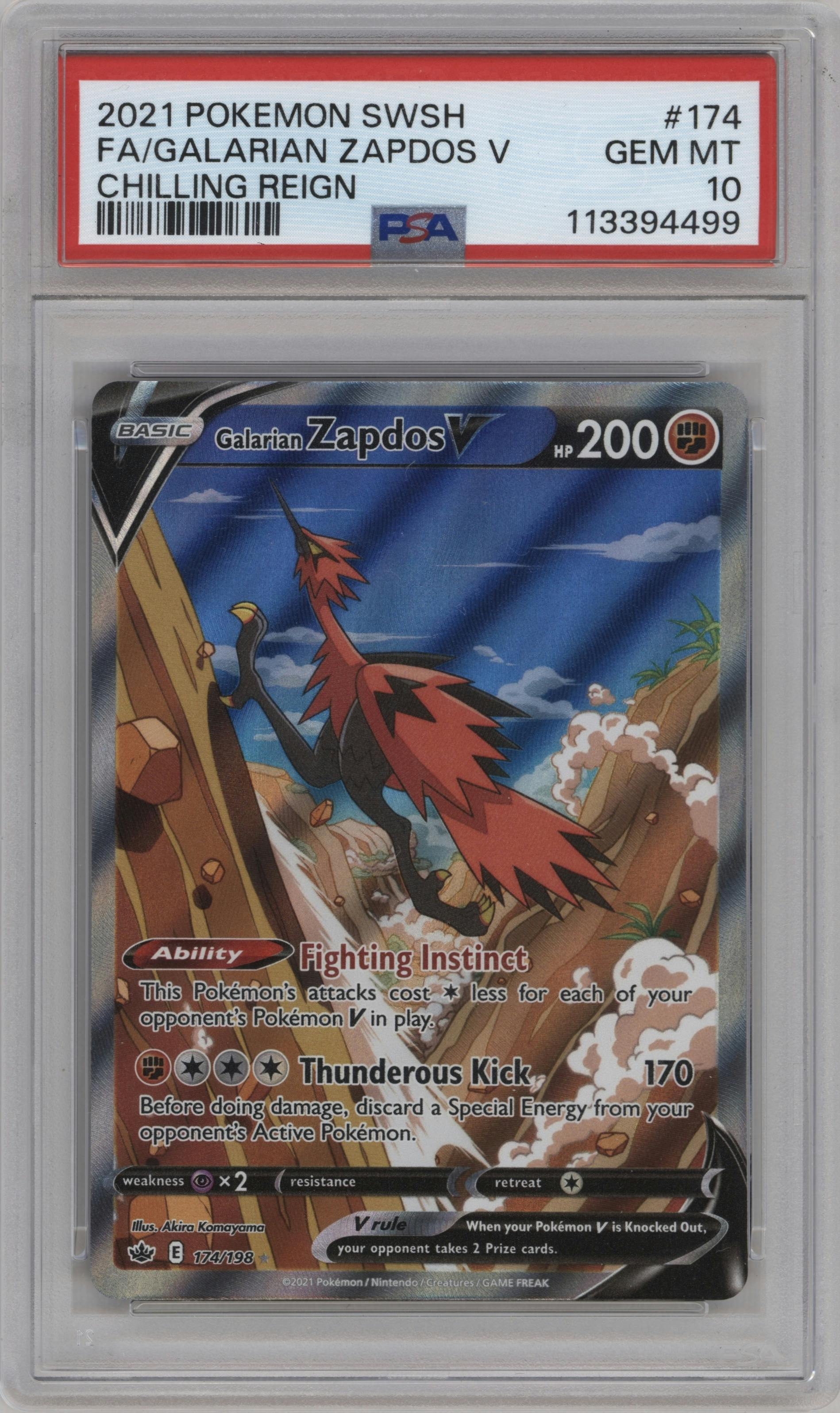 Galarian Zapdos V from the 2021 Pokemon SWSH set graded by PSA and given an overall grade of 10.