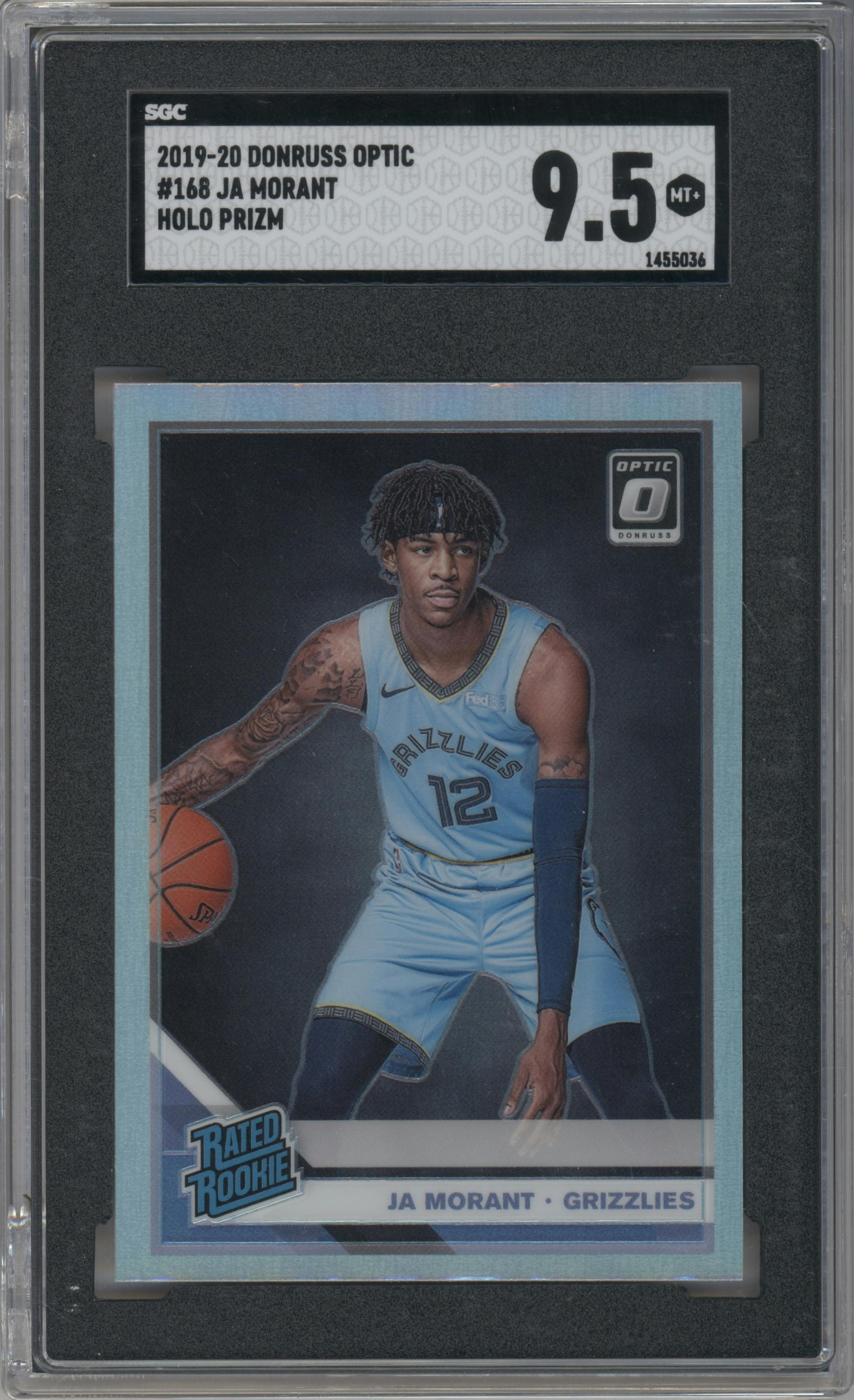 Ja Morant from the 2019-20 Panini Donruss Optic set featuring a Holo parallel graded by SGC and given an overall grade of 9.5.