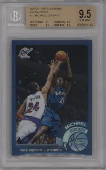 Michael Jordan from the 2002-03 Topps Chrome set featuring a Refractor parallel graded by Beckett and given an overall grade of 9.5.