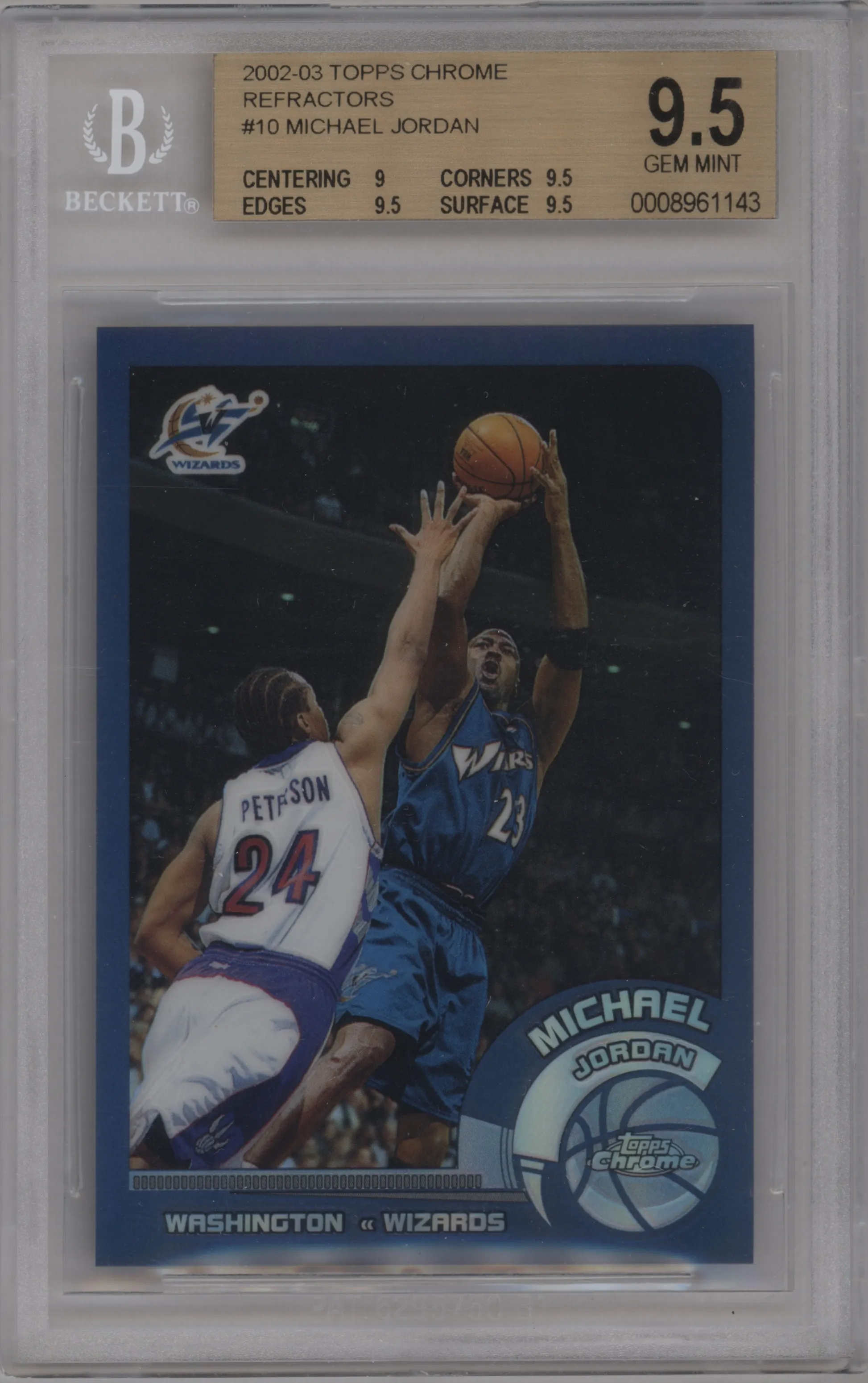 Michael Jordan from the 2002-03 Topps Chrome set featuring a Refractor parallel graded by Beckett and given an overall grade of 9.5.