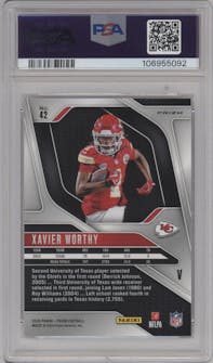 Xavier Worthy from the 2024 Panini Prizm set featuring a Silver Prizm parallel graded by PSA and given an overall grade of 10.