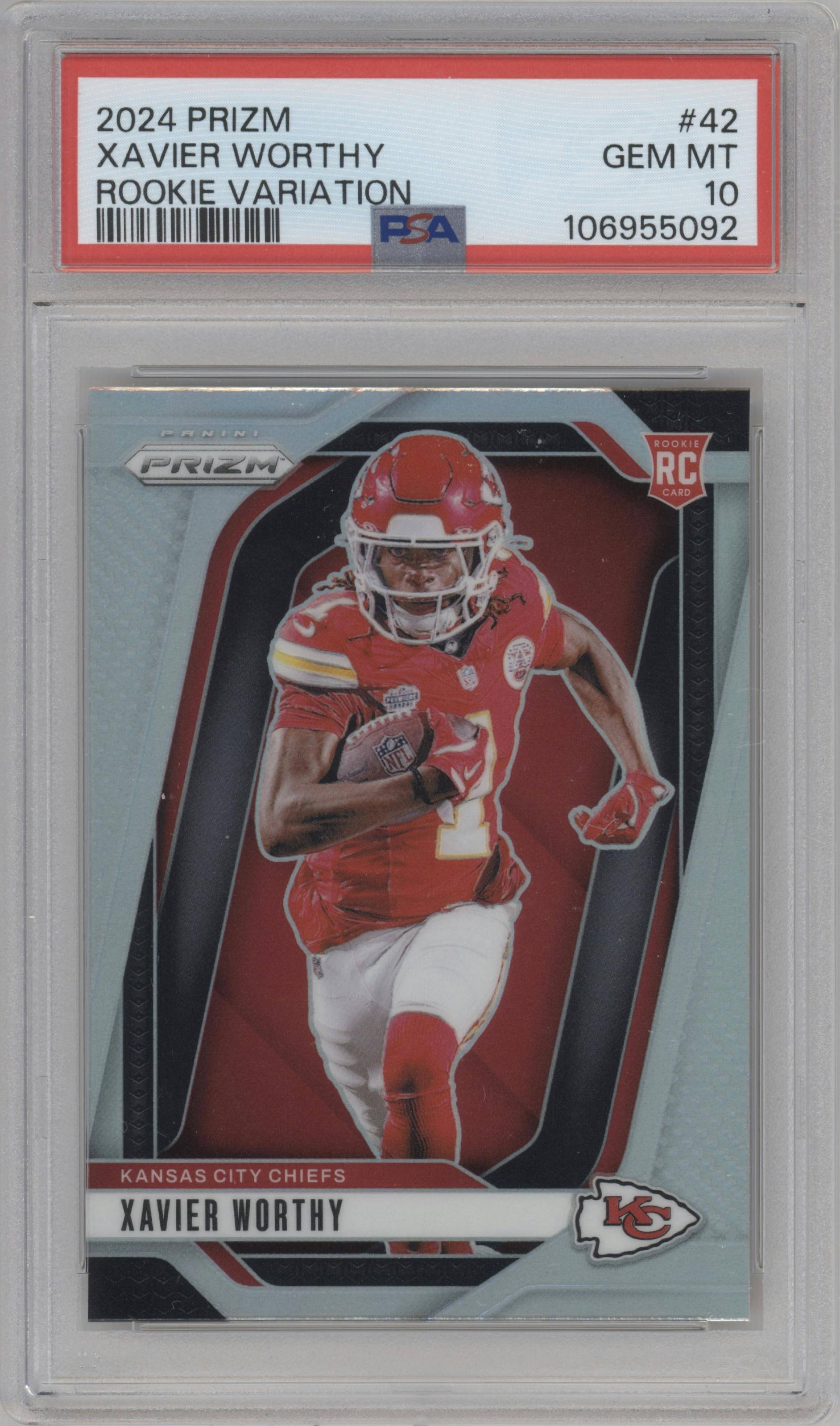 Xavier Worthy from the 2024 Panini Prizm set featuring a Silver Prizm parallel graded by PSA and given an overall grade of 10.