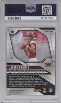 Jayden Daniels from the 2024 Panini Prizm set featuring a Disco parallel graded by PSA and given an overall grade of 10.