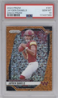 Jayden Daniels from the 2024 Panini Prizm set featuring a Disco parallel graded by PSA and given an overall grade of 10.