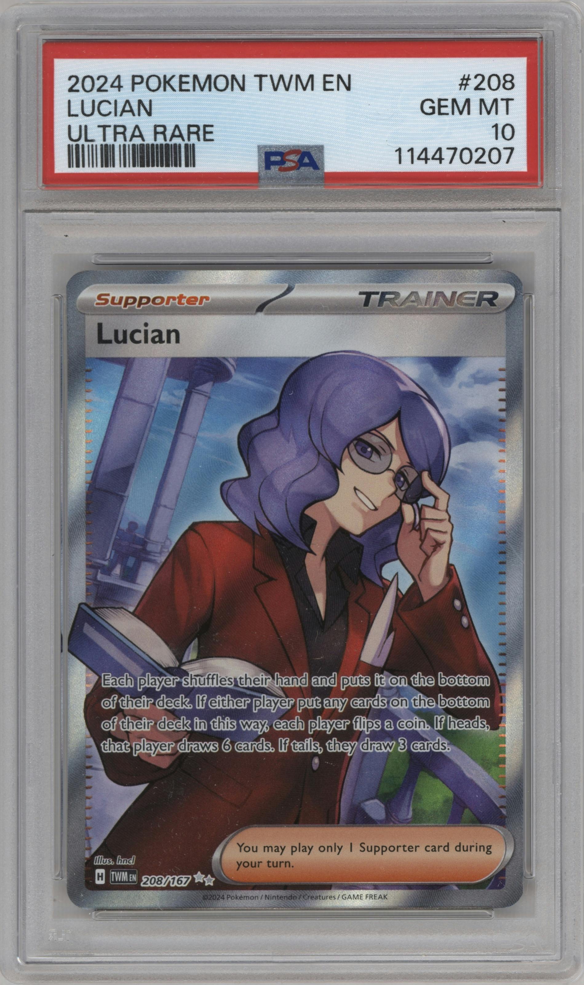 Lucian from the 2024 Pokemon SV set graded by PSA and given an overall grade of 10.