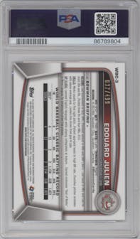 Edouard Julien from the 2023 Bowman Chrome set featuring a Refractor parallel graded by PSA and given an overall grade of 10.