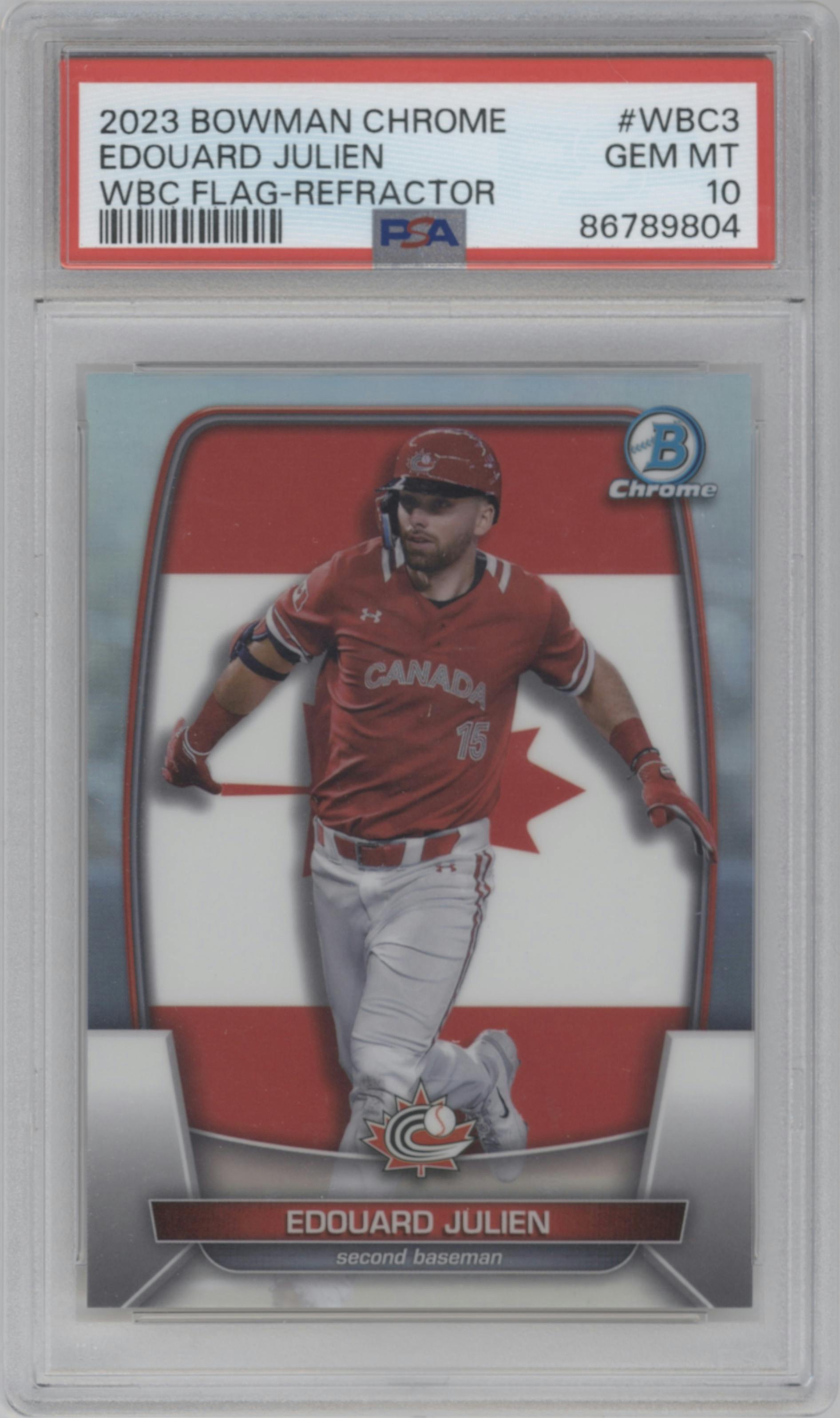 Edouard Julien from the 2023 Bowman Chrome set featuring a Refractor parallel graded by PSA and given an overall grade of 10.