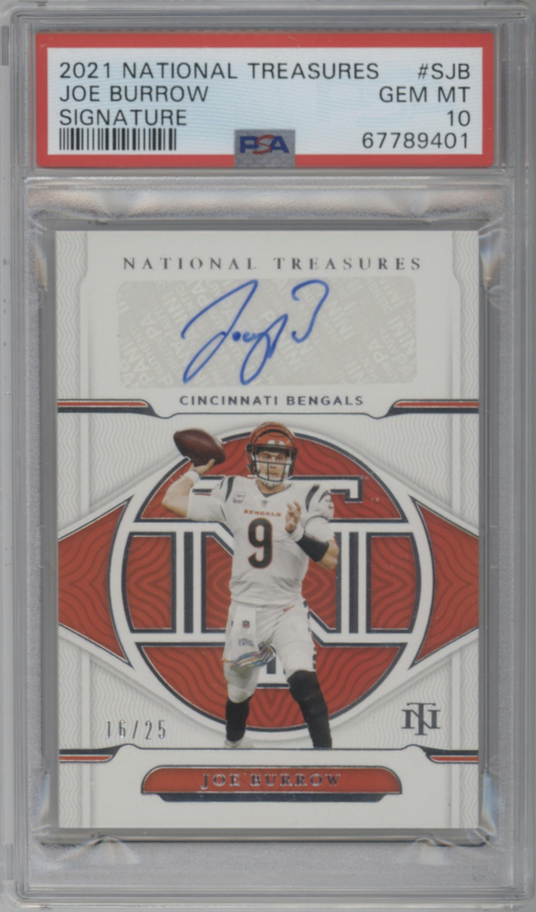 Joe Burrow from the 2021 Panini National Treasures set graded by PSA and given an overall grade of 10.
