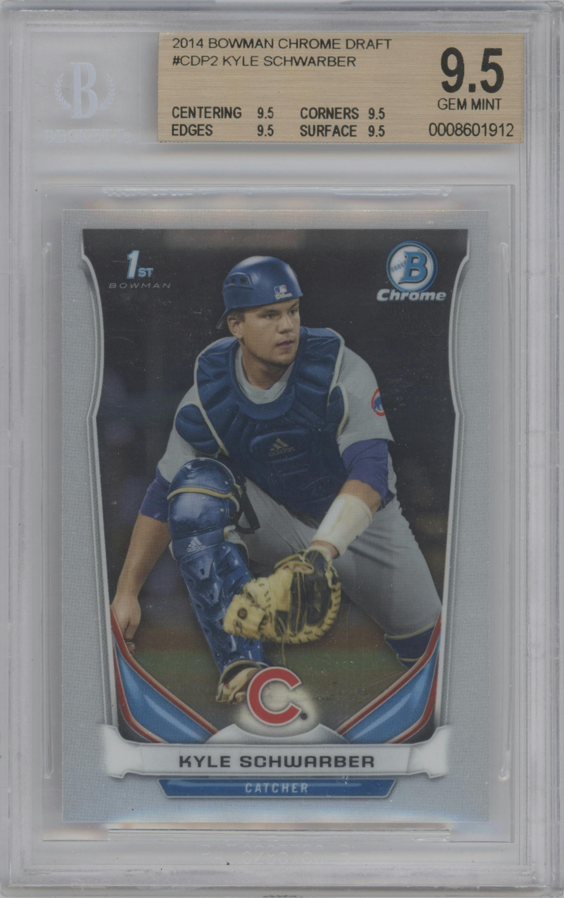Kyle Schwarber from the 2014 Bowman Draft  set graded by Beckett and given an overall grade of 9.5.