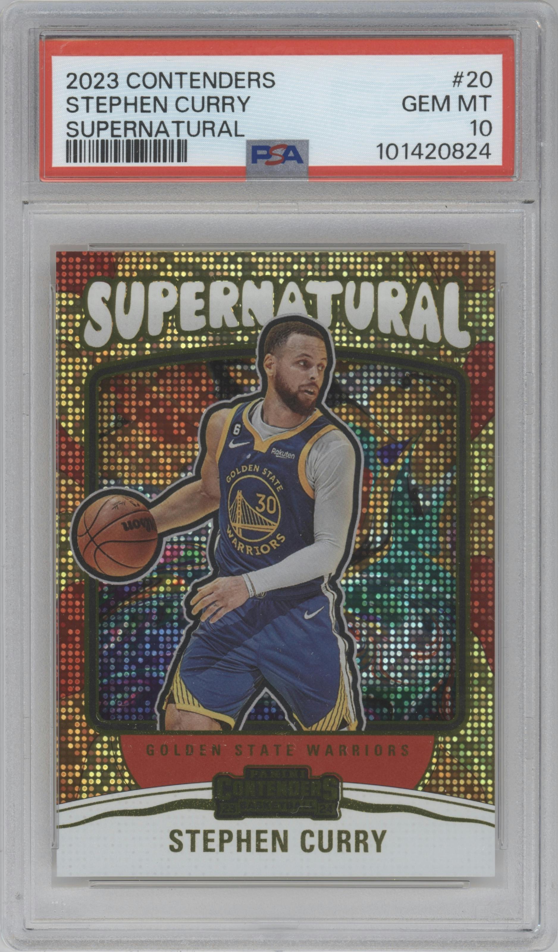 Stephen Curry from the 2023-24 Panini Contenders set graded by PSA and given an overall grade of 10.