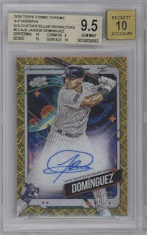 Jasson Dominguez from the 2024 Topps Cosmic Chrome set featuring a Gold Interstellar Refractor parallel graded by Beckett and given an overall grade of 9.5.