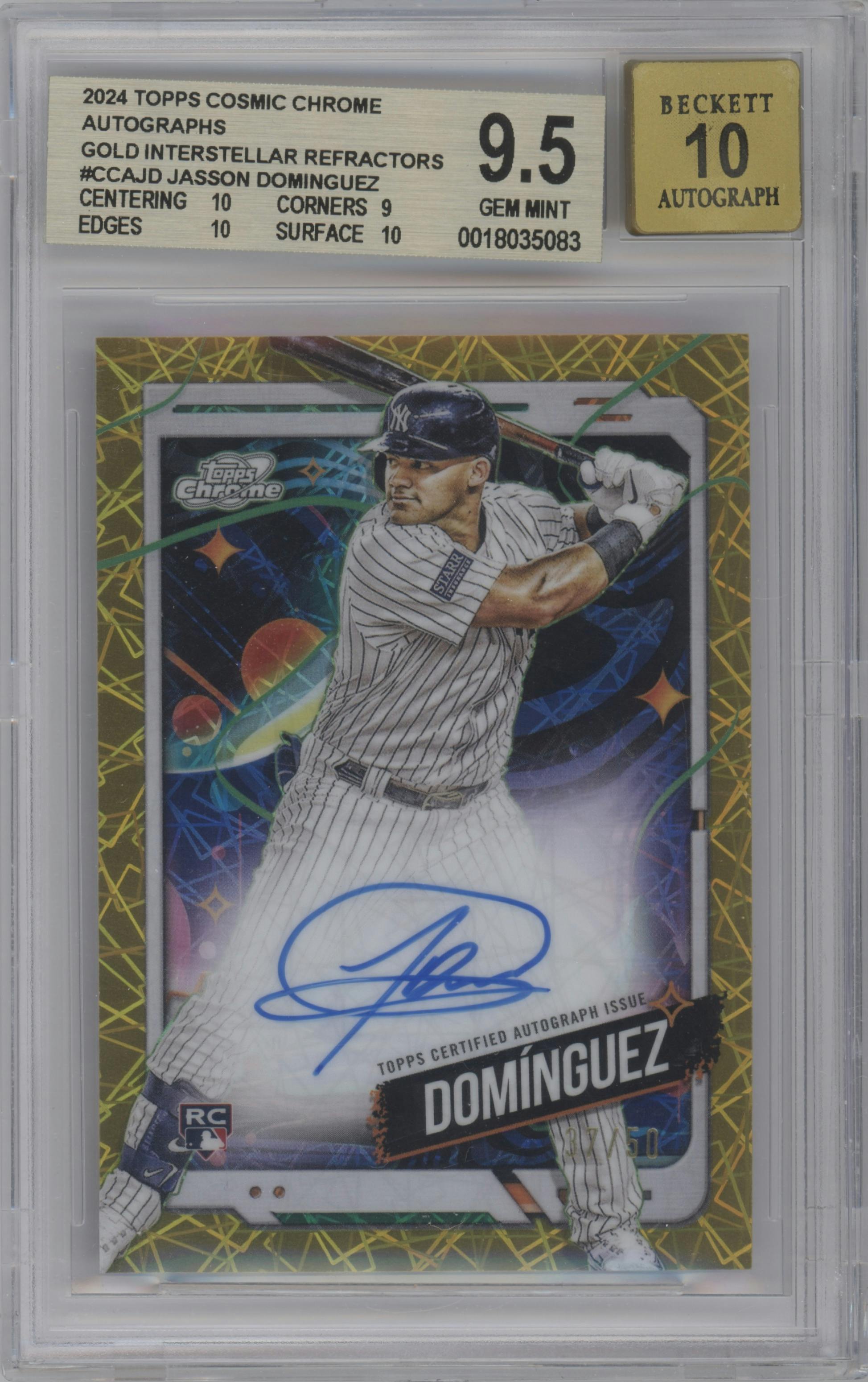 Jasson Dominguez from the 2024 Topps Cosmic Chrome set featuring a Gold Interstellar Refractor parallel graded by Beckett and given an overall grade of 9.5.