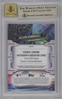 Jasson Dominguez from the 2024 Topps Cosmic Chrome set featuring a Gold Interstellar Refractor parallel graded by Beckett and given an overall grade of 9.5.