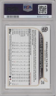 Fernando Tatis Jr. from the 2022 Topps  Series 1 set graded by PSA and given an overall grade of 10.