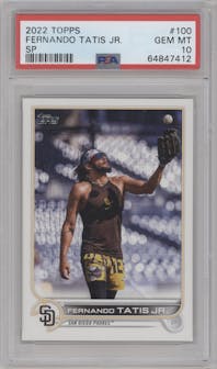 Fernando Tatis Jr. from the 2022 Topps  Series 1 set graded by PSA and given an overall grade of 10.
