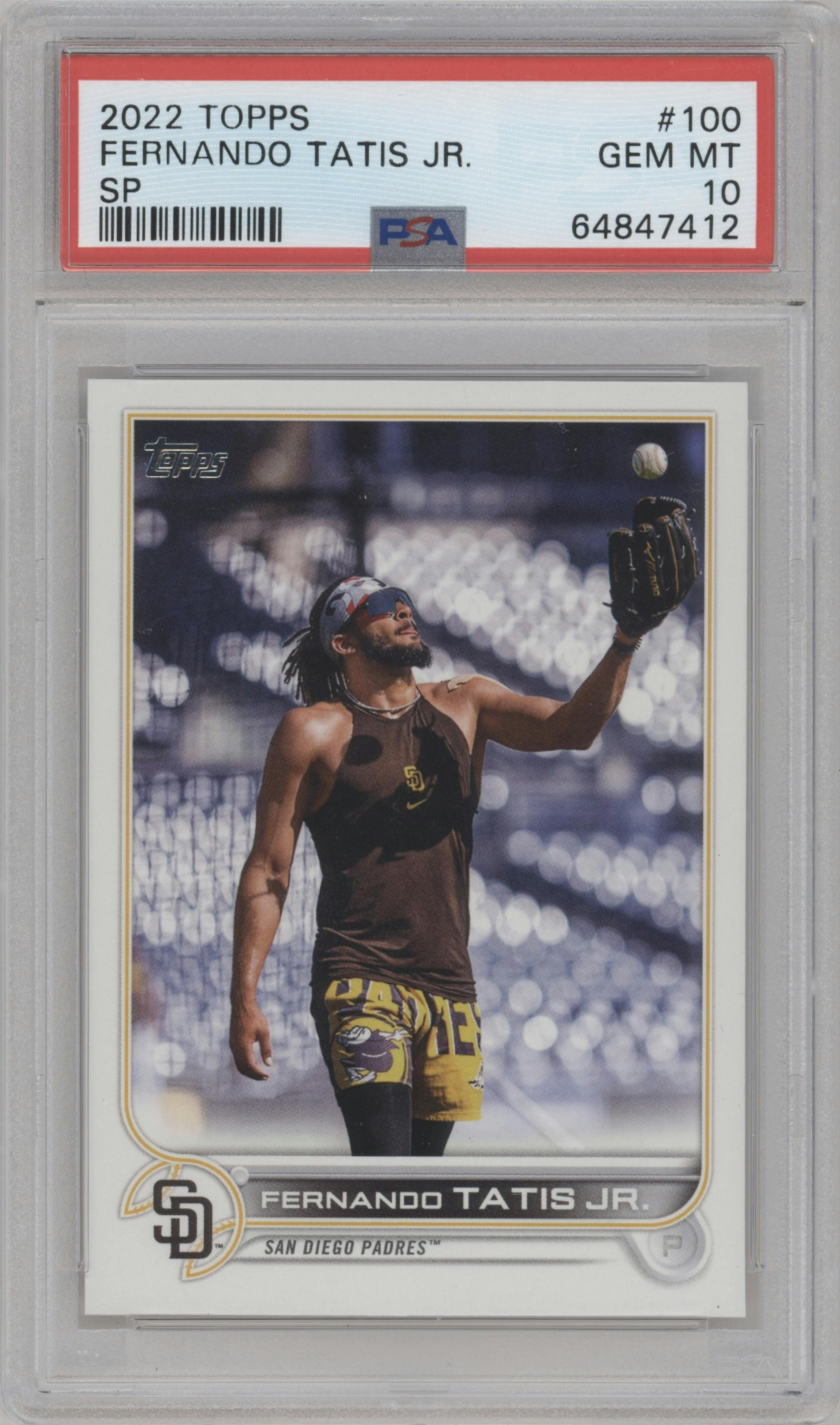 Fernando Tatis Jr. from the 2022 Topps  Series 1 set graded by PSA and given an overall grade of 10.