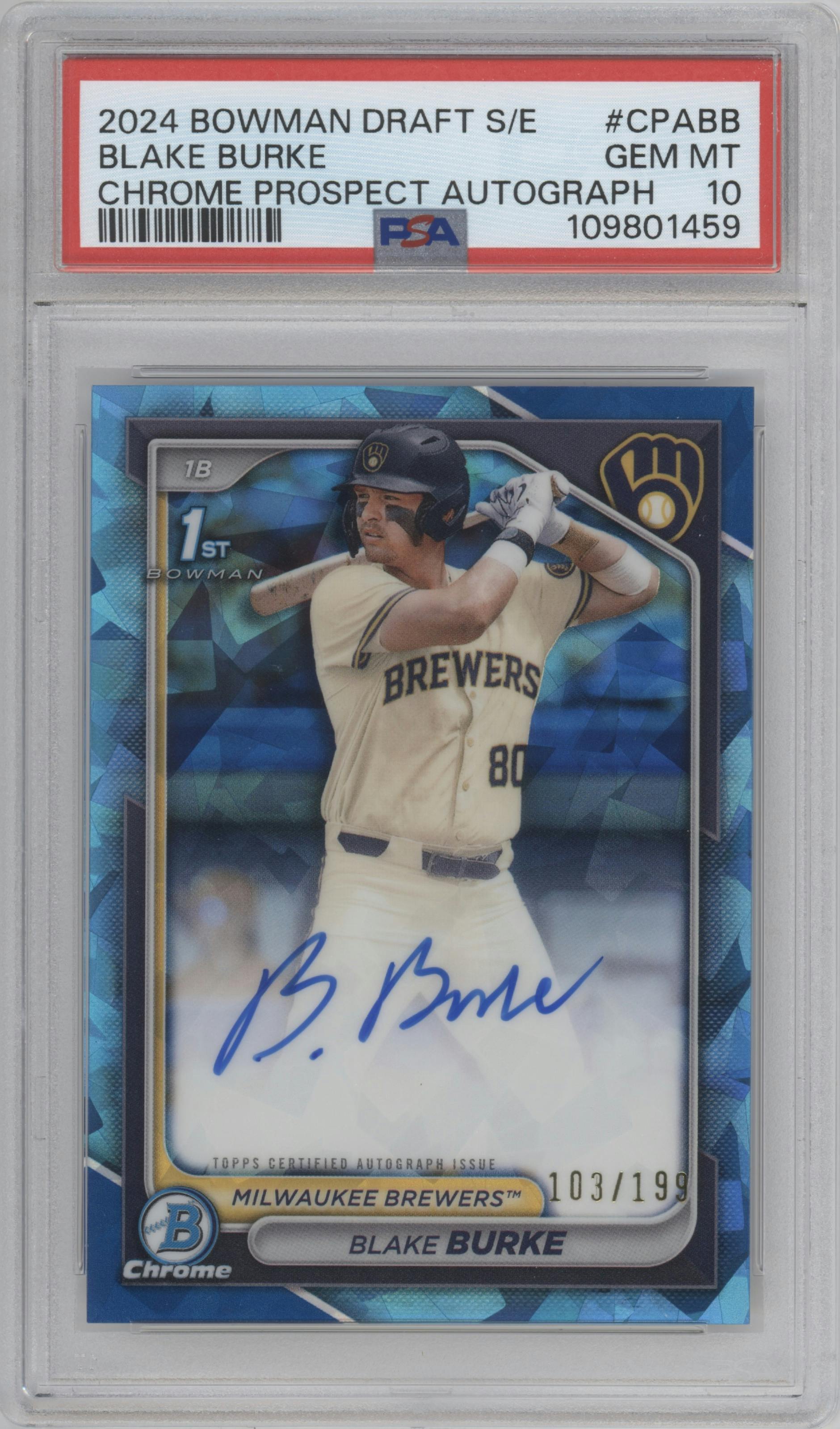 Blake Burke from the 2024 Bowman Draft Sapphire Edition set graded by PSA and given an overall grade of 10.