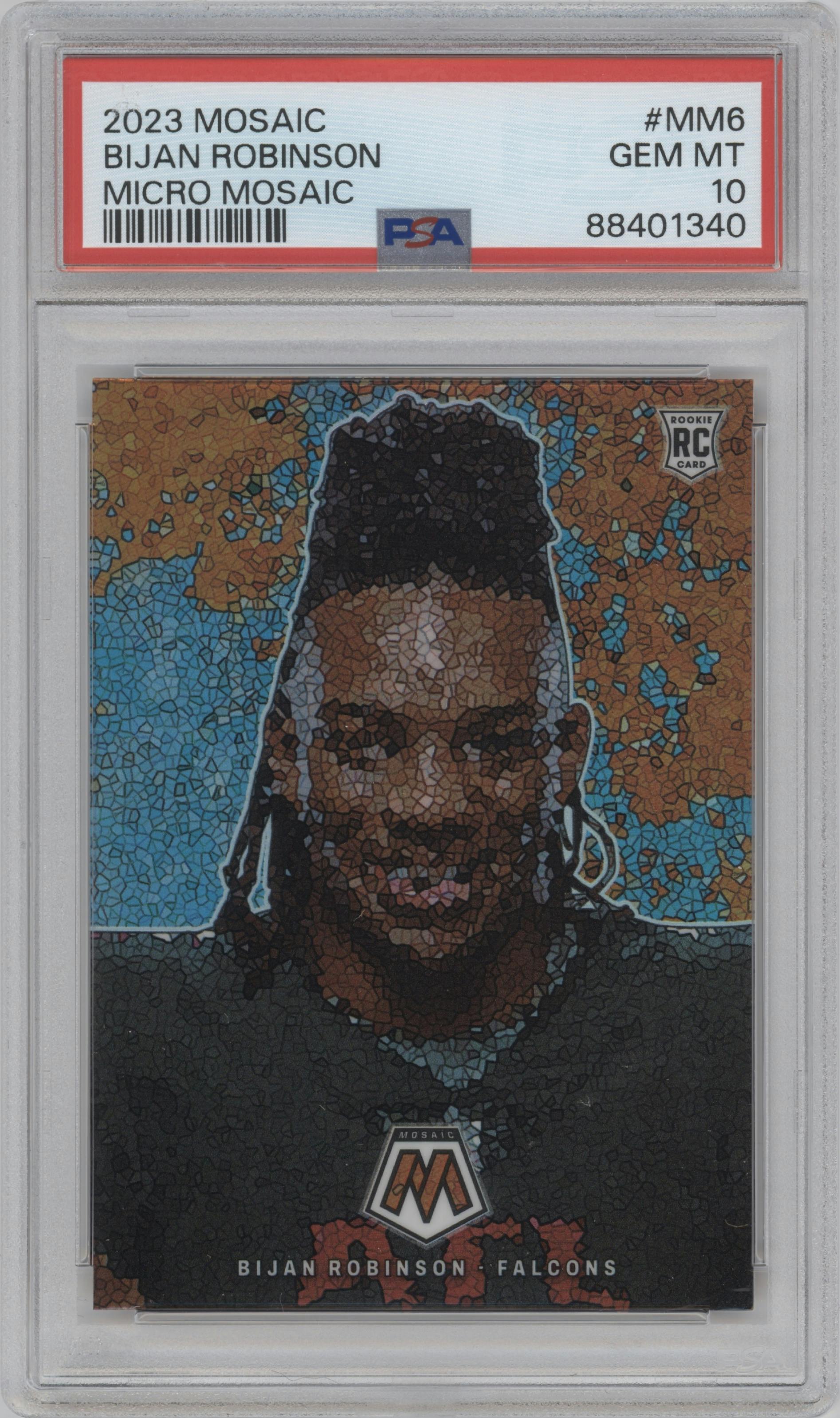 Bijan Robinson from the 2023 Panini Mosaic set graded by PSA and given an overall grade of 10.