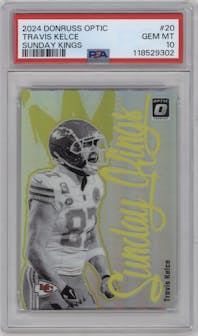 Travis Kelce from the 2024 Donruss Optic set graded by PSA and given an overall grade of 10.