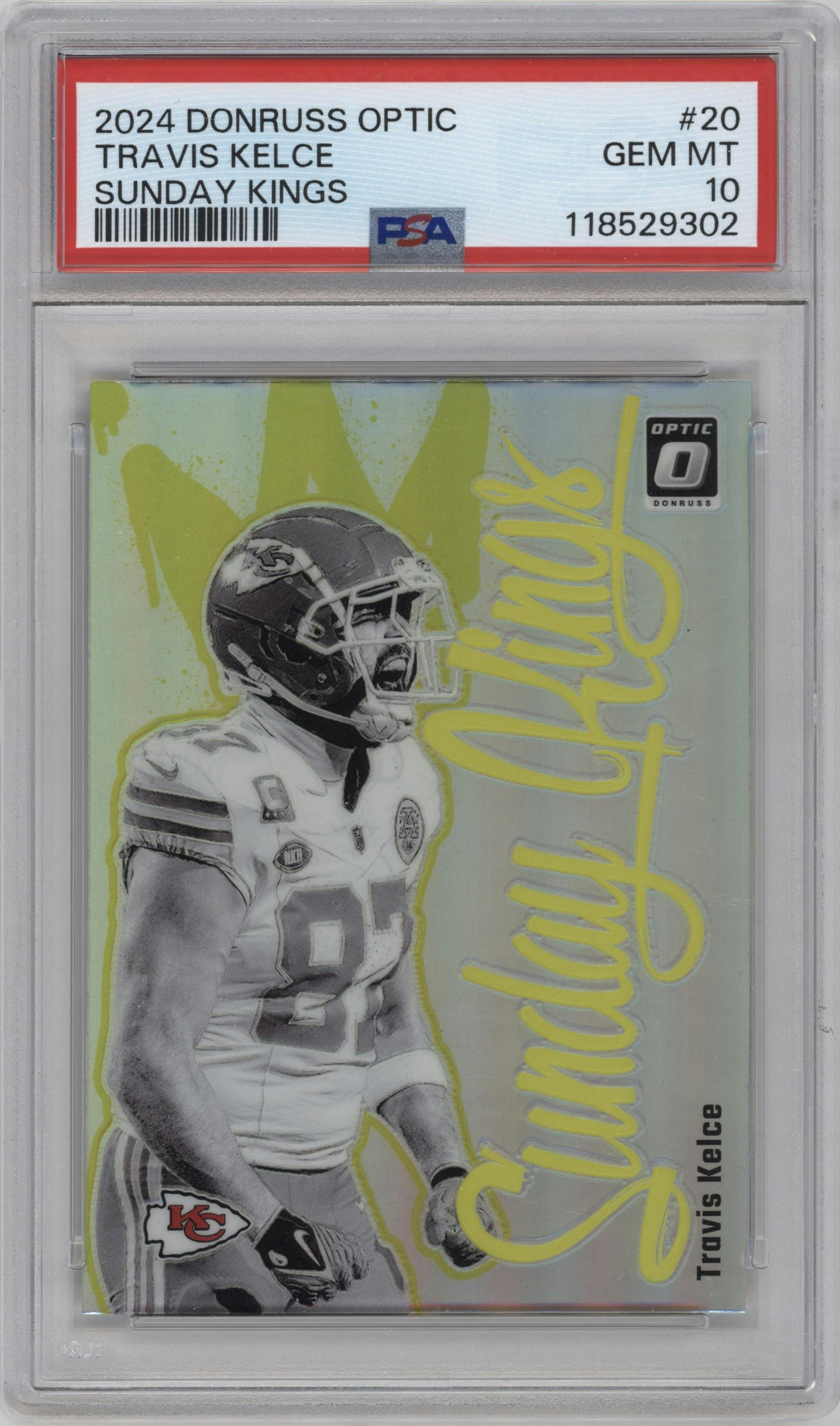Travis Kelce from the 2024 Donruss Optic set graded by PSA and given an overall grade of 10.