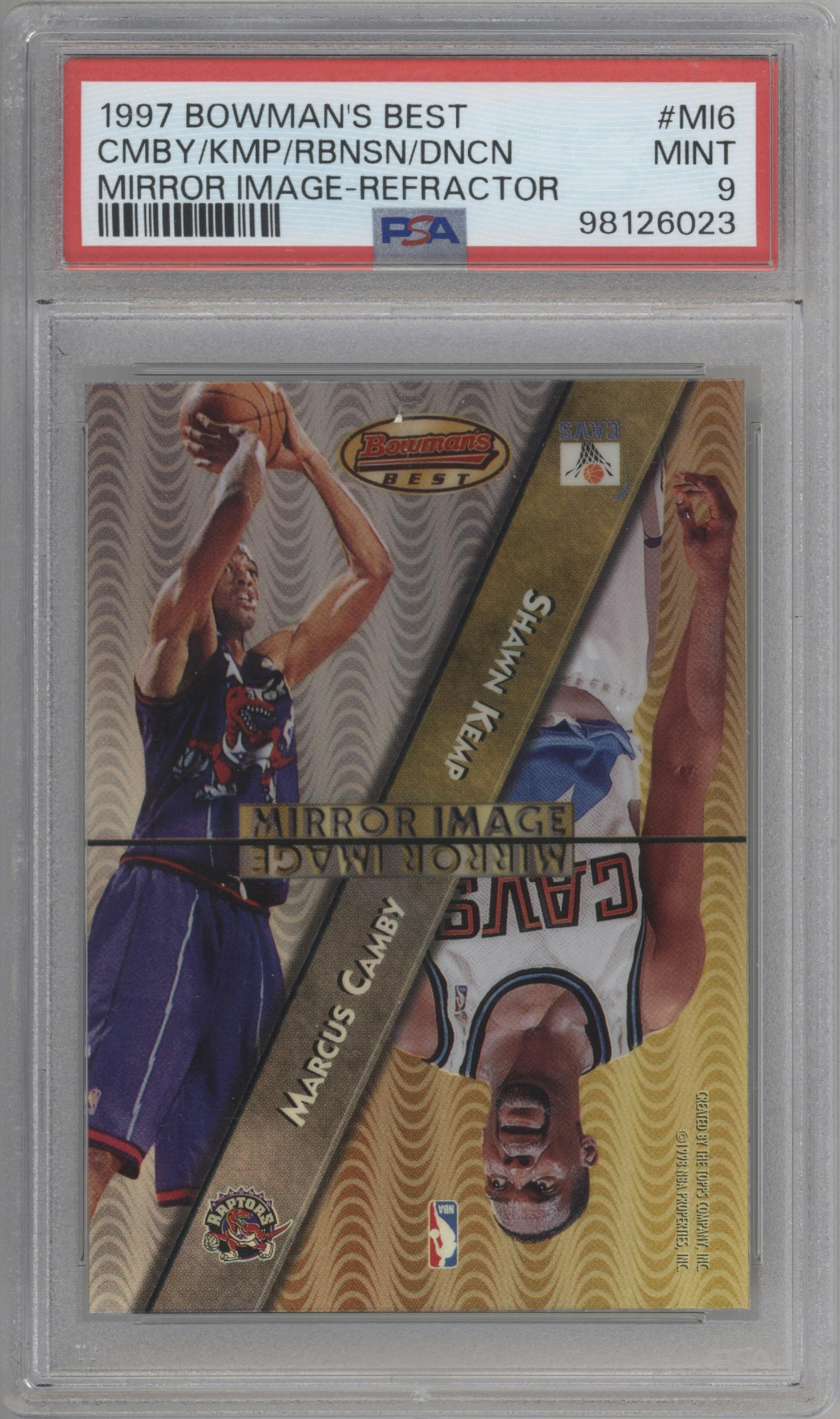 Shawn Kemp/Marcus Camby/Tim Duncan/David Robinson from the 1997-98 Bowman's Best set featuring a Refractor parallel graded by PSA and given an overall grade of 9.