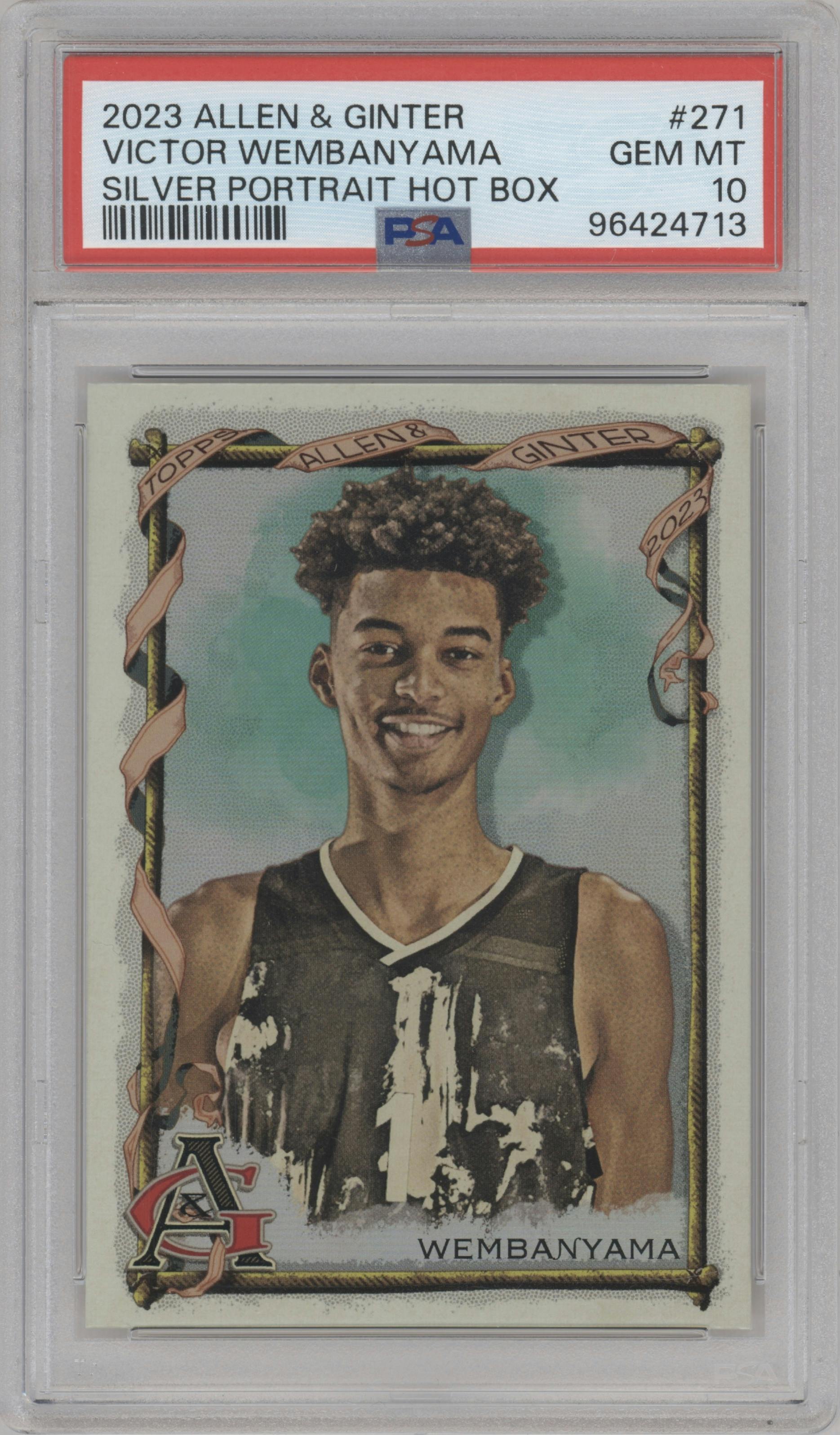 Victor Wembanyama from the 2023 Topps Allen & Ginter set featuring a Silver Portrait parallel graded by PSA and given an overall grade of 10.