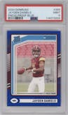 Jayden Daniels from the 2024 Donruss set featuring a Press Proof Blue parallel graded by PSA and given an overall grade of 9.