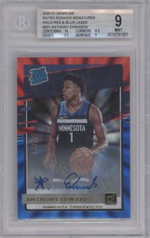 Anthony Edwards from the 2020-21 Panini Donruss set featuring a Red & Blue Laser parallel graded by Beckett and given an overall grade of 9.