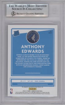 Anthony Edwards from the 2020-21 Panini Donruss set featuring a Red & Blue Laser parallel graded by Beckett and given an overall grade of 9.