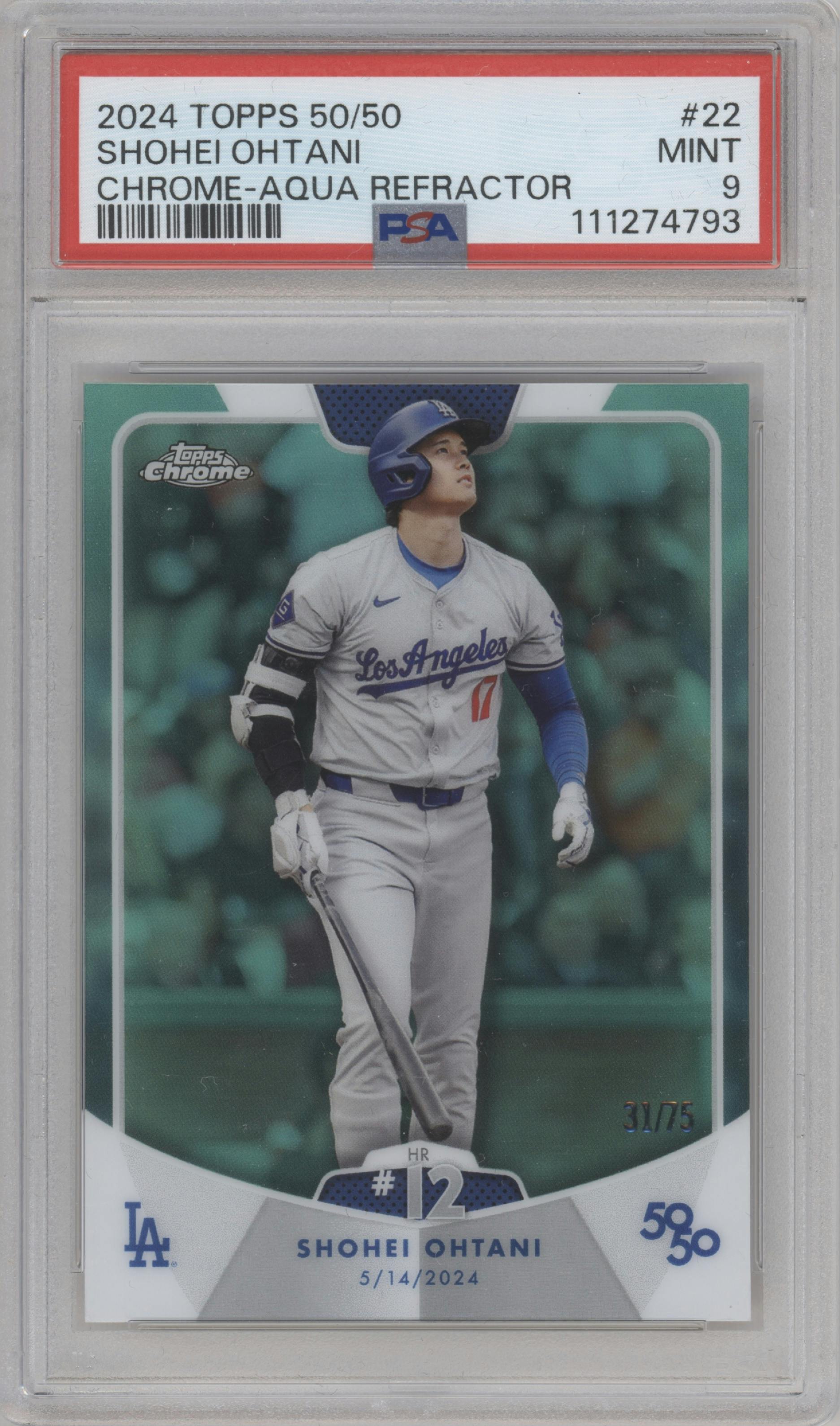 Shohei Ohtani from the 2024 Topps 50/50 set featuring a Chrome Aqua parallel graded by PSA and given an overall grade of 9.