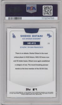 Shohei Ohtani from the 2024 Topps 50/50 set featuring a Chrome Aqua parallel graded by PSA and given an overall grade of 9.