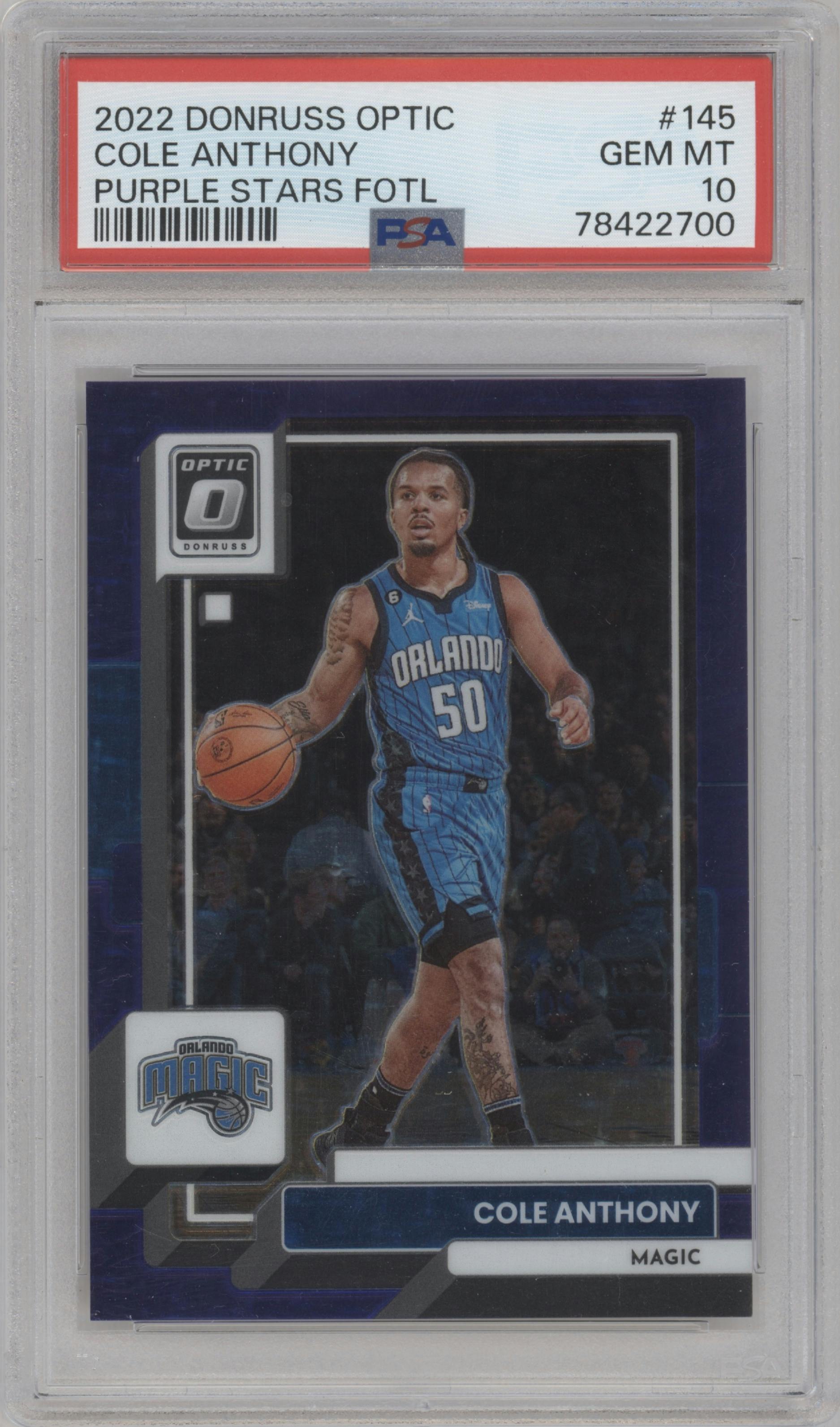 Cole Anthony from the 2022-23 Panini Donruss Optic  set featuring a Purple Stars parallel graded by PSA and given an overall grade of 10.