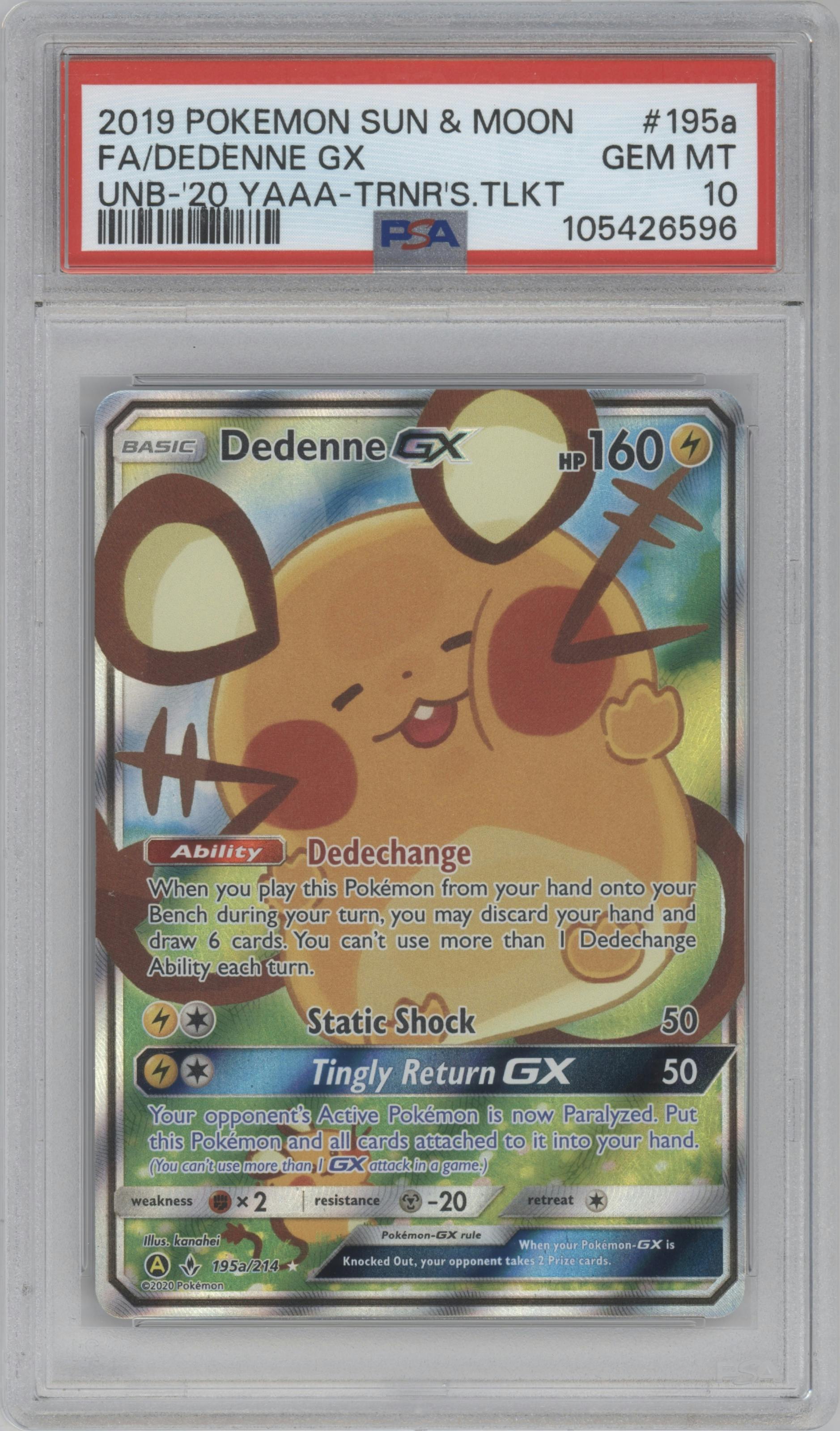 Dedenne GX from the 2019 Pokemon S&M  set featuring a 2020 Yellow A Alternate Art Trainer's Toolkit parallel graded by PSA and given an overall grade of 10.
