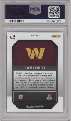 Jayden Daniels from the 2024 Panini Prizm set featuring a Green Wave parallel graded by PSA and given an overall grade of 10.