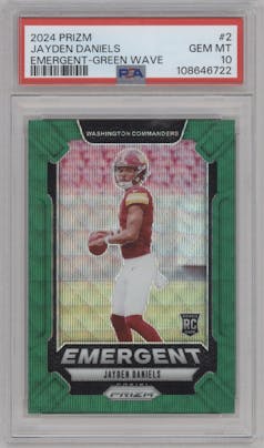 Jayden Daniels from the 2024 Panini Prizm set featuring a Green Wave parallel graded by PSA and given an overall grade of 10.