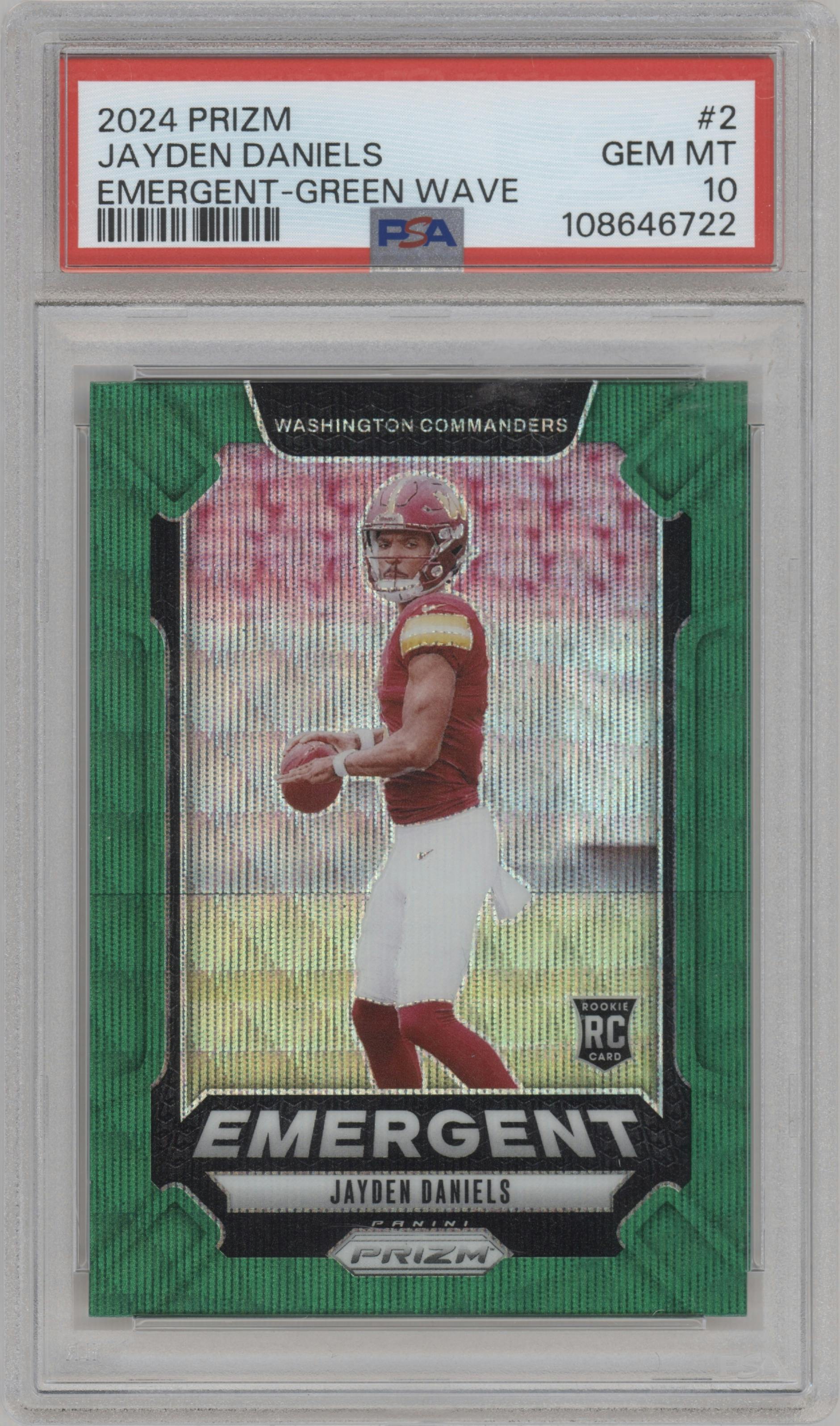 Jayden Daniels from the 2024 Panini Prizm set featuring a Green Wave parallel graded by PSA and given an overall grade of 10.
