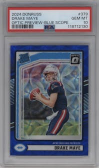 Drake Maye from the 2024 Donruss set featuring a Blue Scope parallel graded by PSA and given an overall grade of 10.