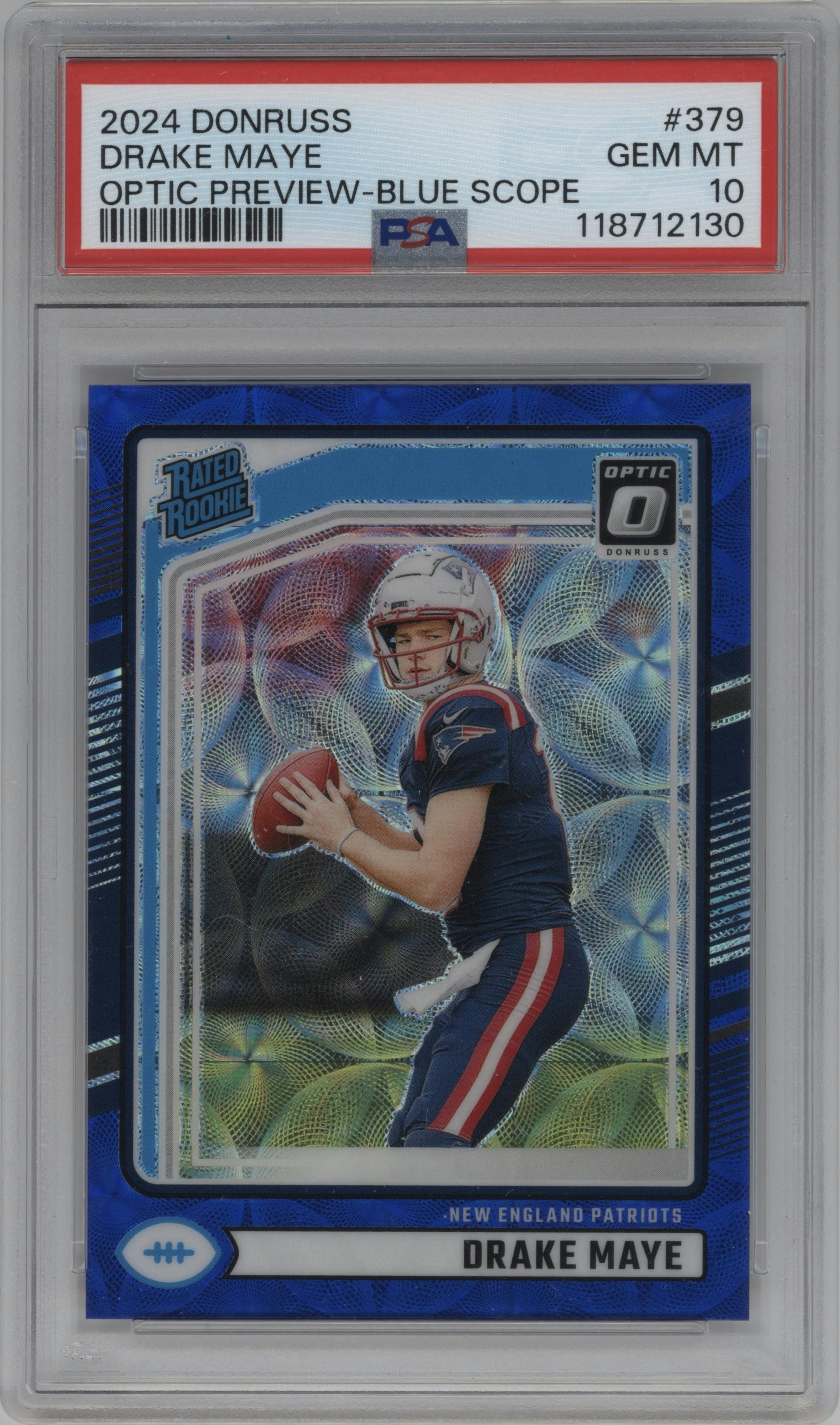 Drake Maye from the 2024 Donruss set featuring a Blue Scope parallel graded by PSA and given an overall grade of 10.