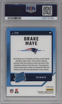 Drake Maye from the 2024 Donruss set featuring a Blue Scope parallel graded by PSA and given an overall grade of 10.