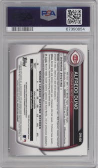 Alfredo Duno from the 2023 Bowman Chrome set featuring a Gold Refractor parallel graded by PSA and given an overall grade of 10.