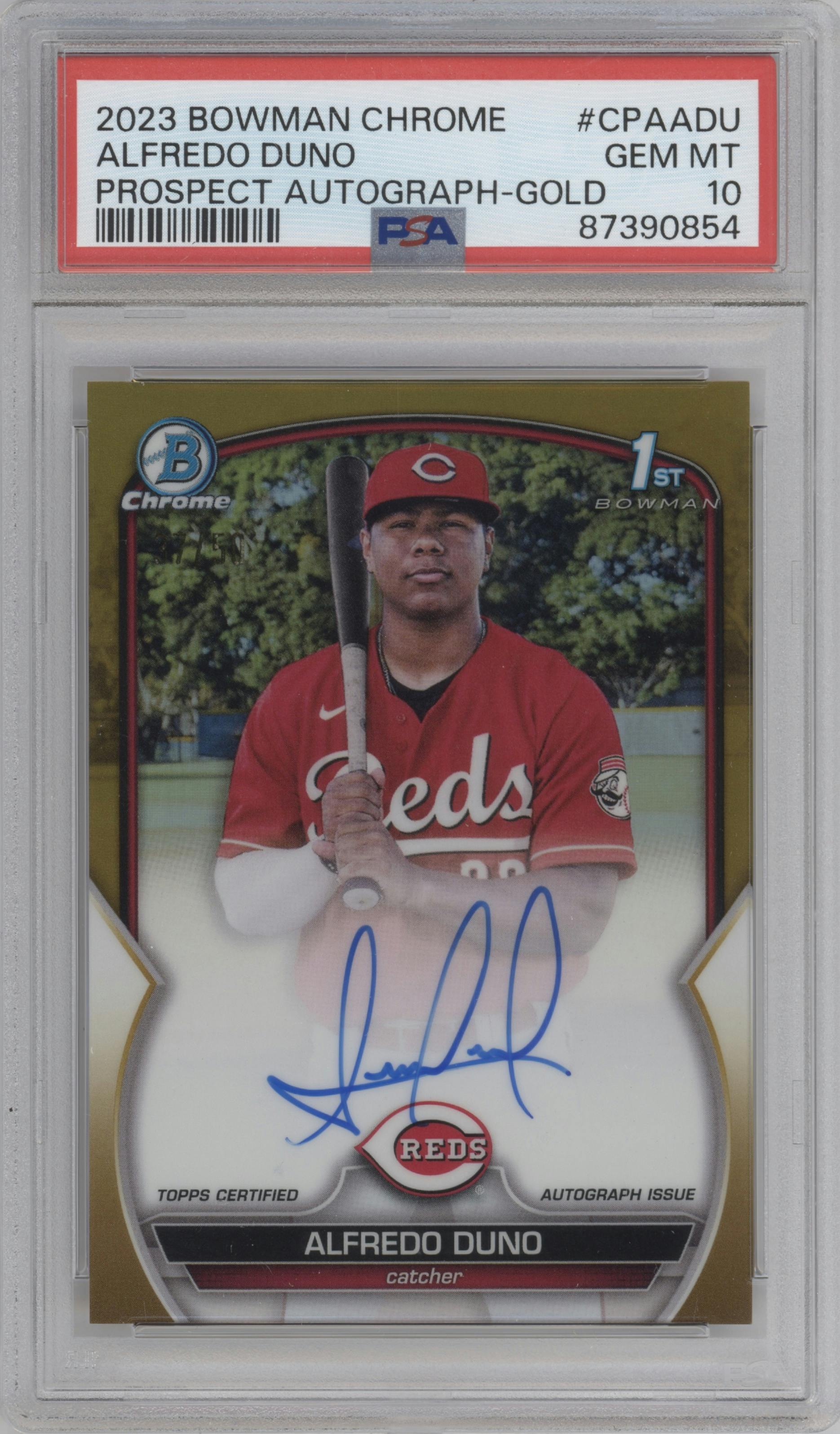 Alfredo Duno from the 2023 Bowman Chrome set featuring a Gold Refractor parallel graded by PSA and given an overall grade of 10.