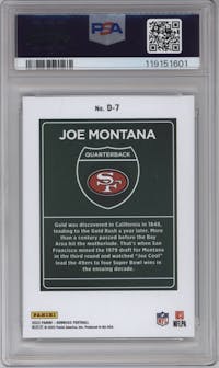 Joe Montana from the 2023 Panini Donruss set graded by PSA and given an overall grade of 10.