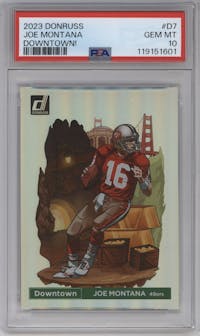 Joe Montana from the 2023 Panini Donruss set graded by PSA and given an overall grade of 10.