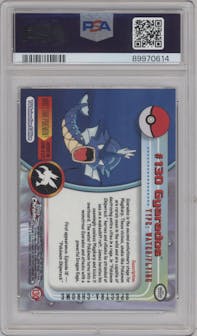 Gyarados from the 2000 Topps Chrome set featuring a Spectra parallel graded by PSA and given an overall grade of 10.