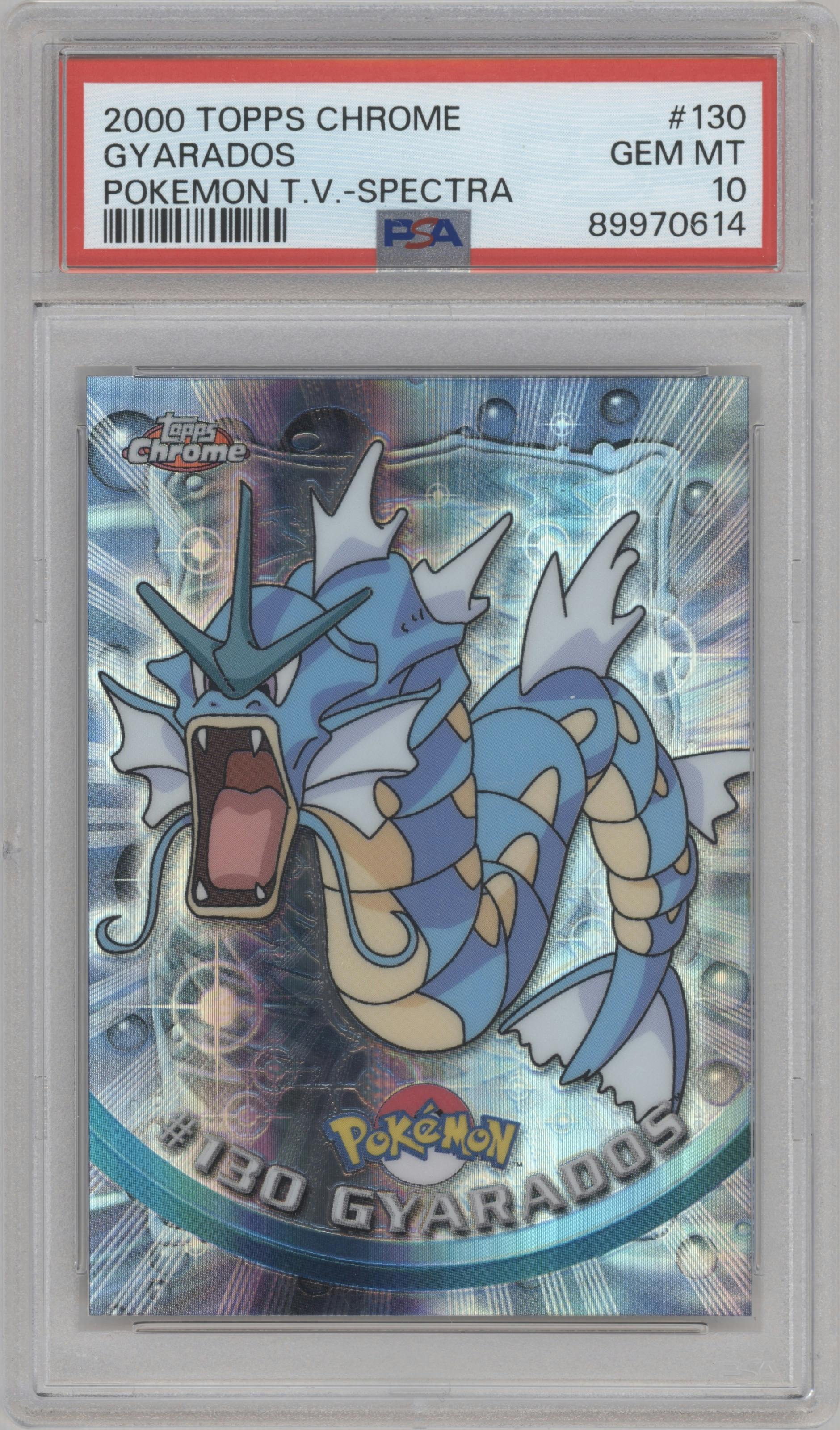 Gyarados from the 2000 Topps Chrome set featuring a Spectra parallel graded by PSA and given an overall grade of 10.