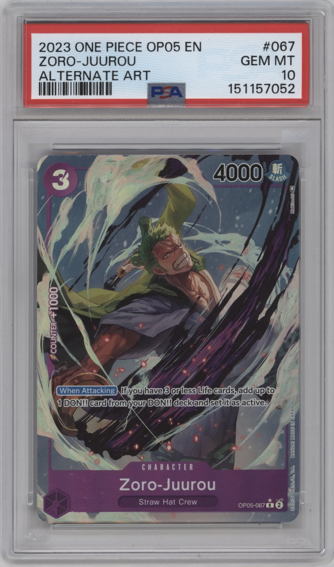 2023 One Piece Awakening of the New Era Zoro-Juurou Alternate Art R #OP05-067 R PSA 10