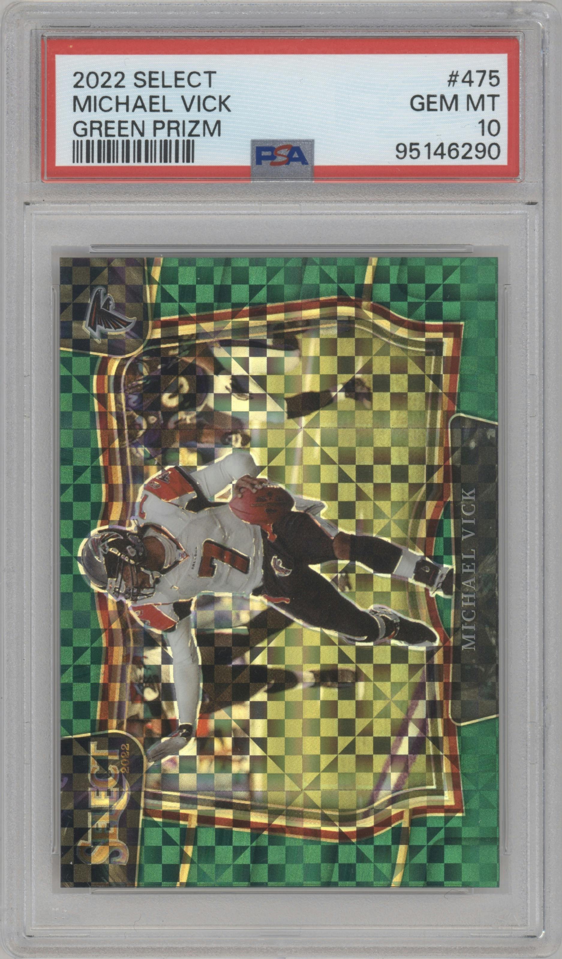 Michael Vick from the 2022 Panini Select set featuring a Green Prizm parallel graded by PSA and given an overall grade of 10.