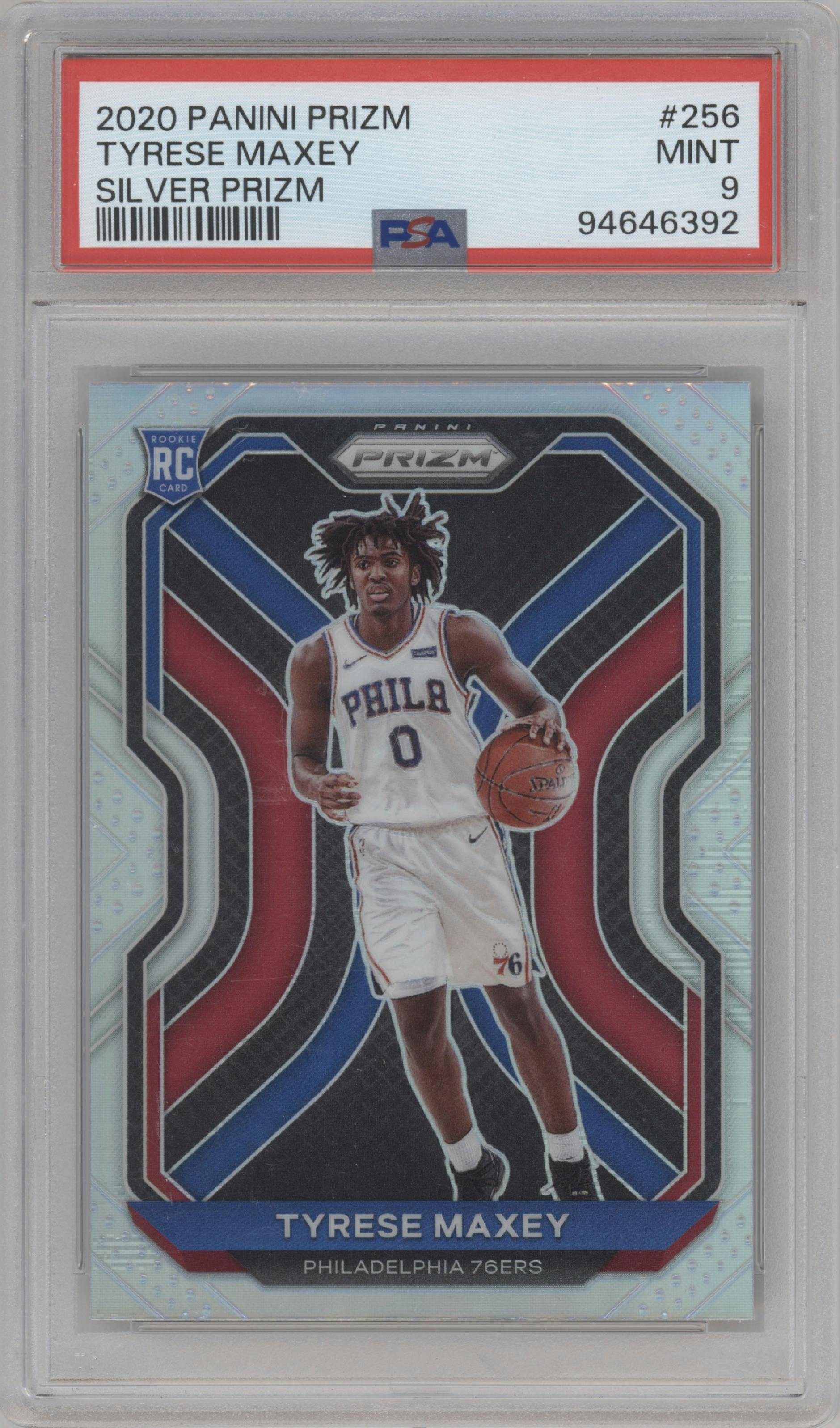 Tyrese Maxey from the 2020-21 Panini Prizm set featuring a Silver Prizm parallel graded by PSA and given an overall grade of 9.