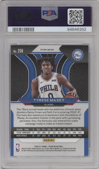 Tyrese Maxey from the 2020-21 Panini Prizm set featuring a Silver Prizm parallel graded by PSA and given an overall grade of 9.
