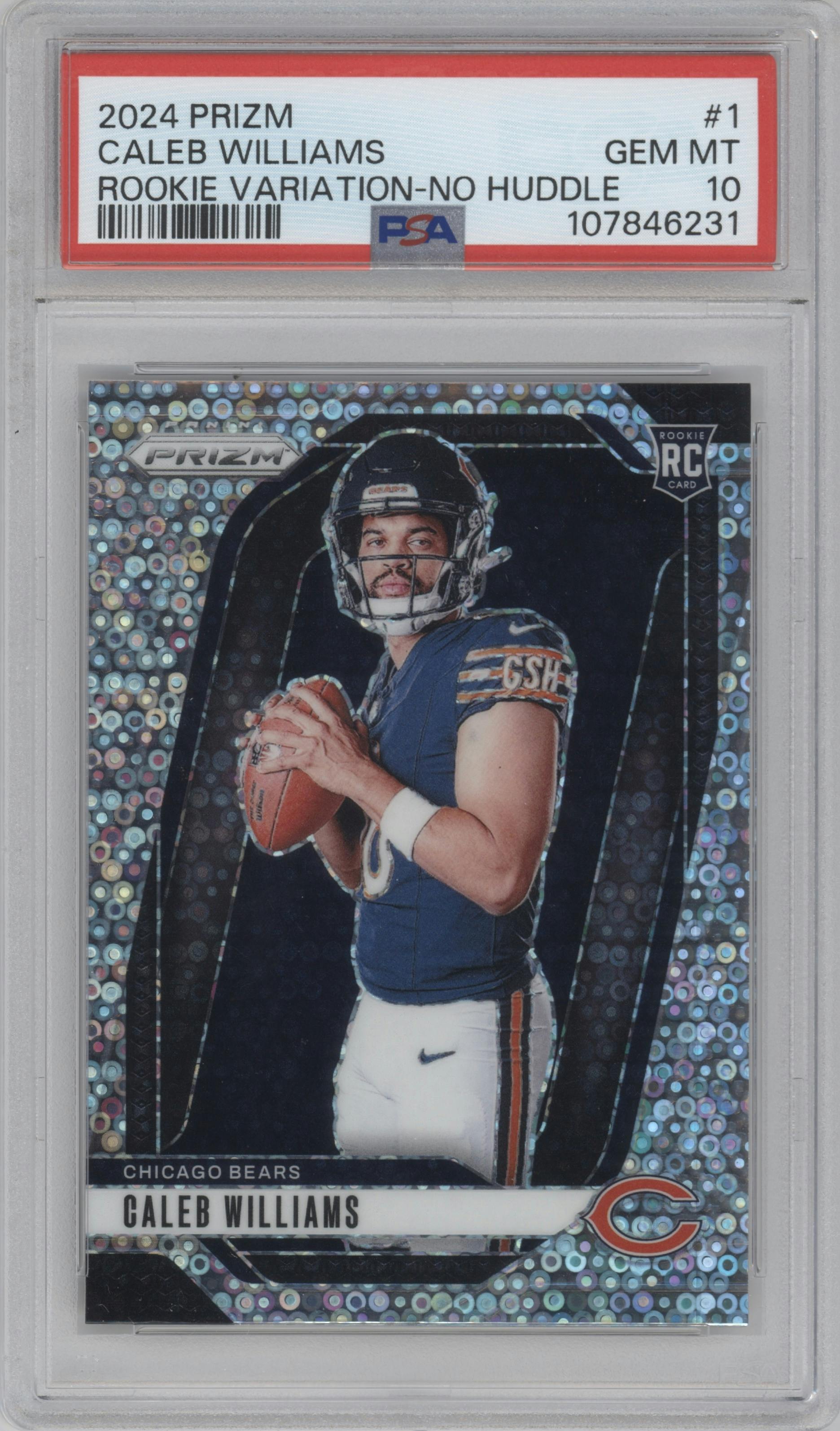 Caleb Williams from the 2024 Panini Prizm set featuring a No Huddle parallel graded by PSA and given an overall grade of 10.